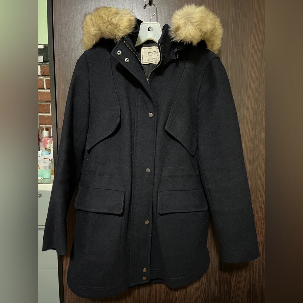 Zara Basic Outerwear Women’s Coat with Hooded Size Small Navy Blue, Pre-owned